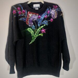 Vintage 1980s Marnie West Black Knit Sweater - Glam Sequin & Beaded Floral Desig